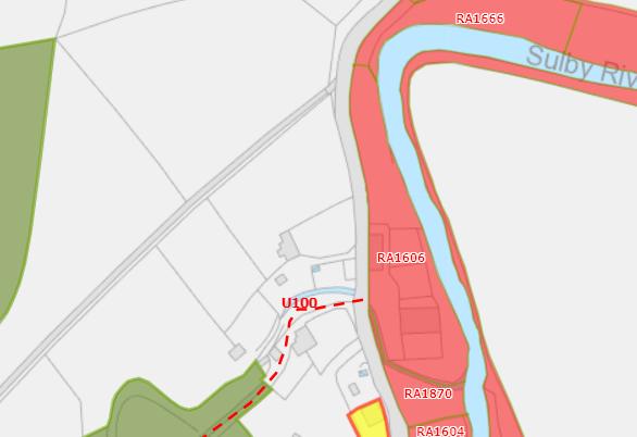 A site location map showing the property boundaries near the Sulby River, highlighting red flood risk zones and surrounding road infrastructure.