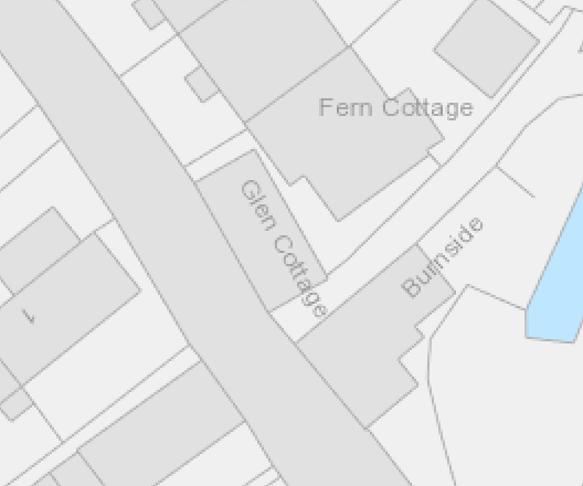 A site location plan showing the boundaries and footprints of Fern Cottage, Glen Cottage, and Burnside along a road.