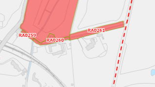 A site plan showing red highlighted areas labeled RA0259, RA0260, and RA0261, indicating specific land parcels or zones for the proposed development.