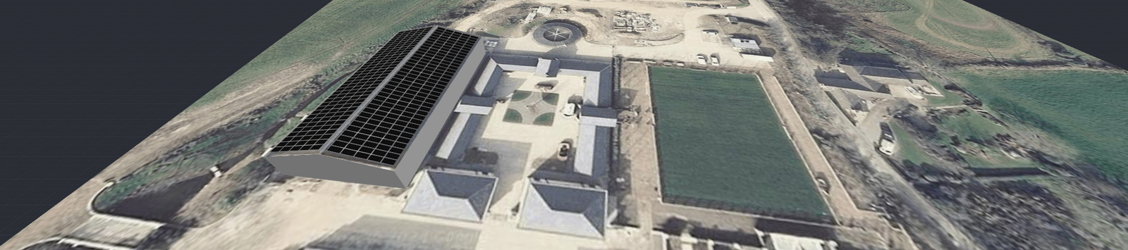 A 3D architectural rendering showing a large solar panel array installed on the roof of a building (manege) within a rural site context.