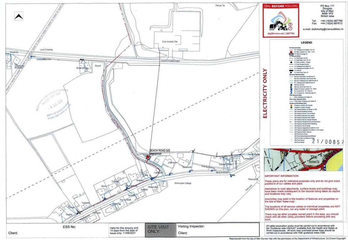Utility search map showing underground electricity cables and site location details for a proposed development.