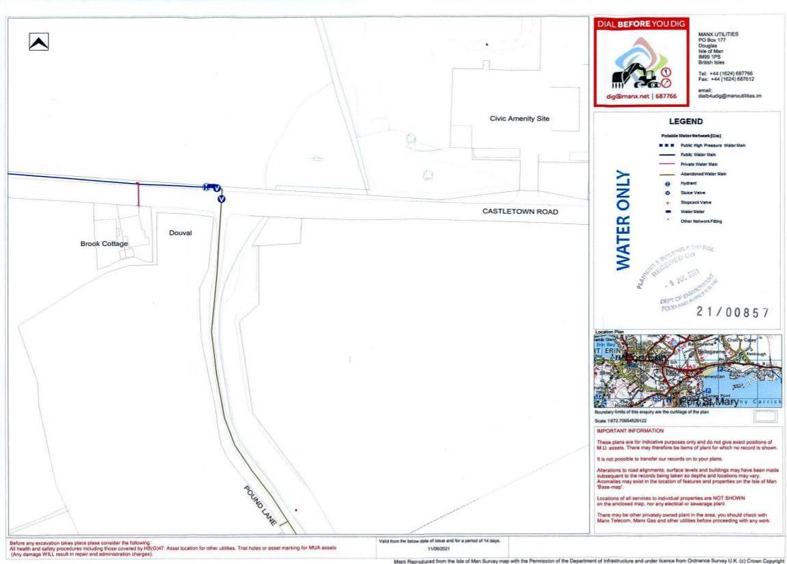 A utility search plan displaying water mains, property boundaries, and existing structures near Castletown Road.