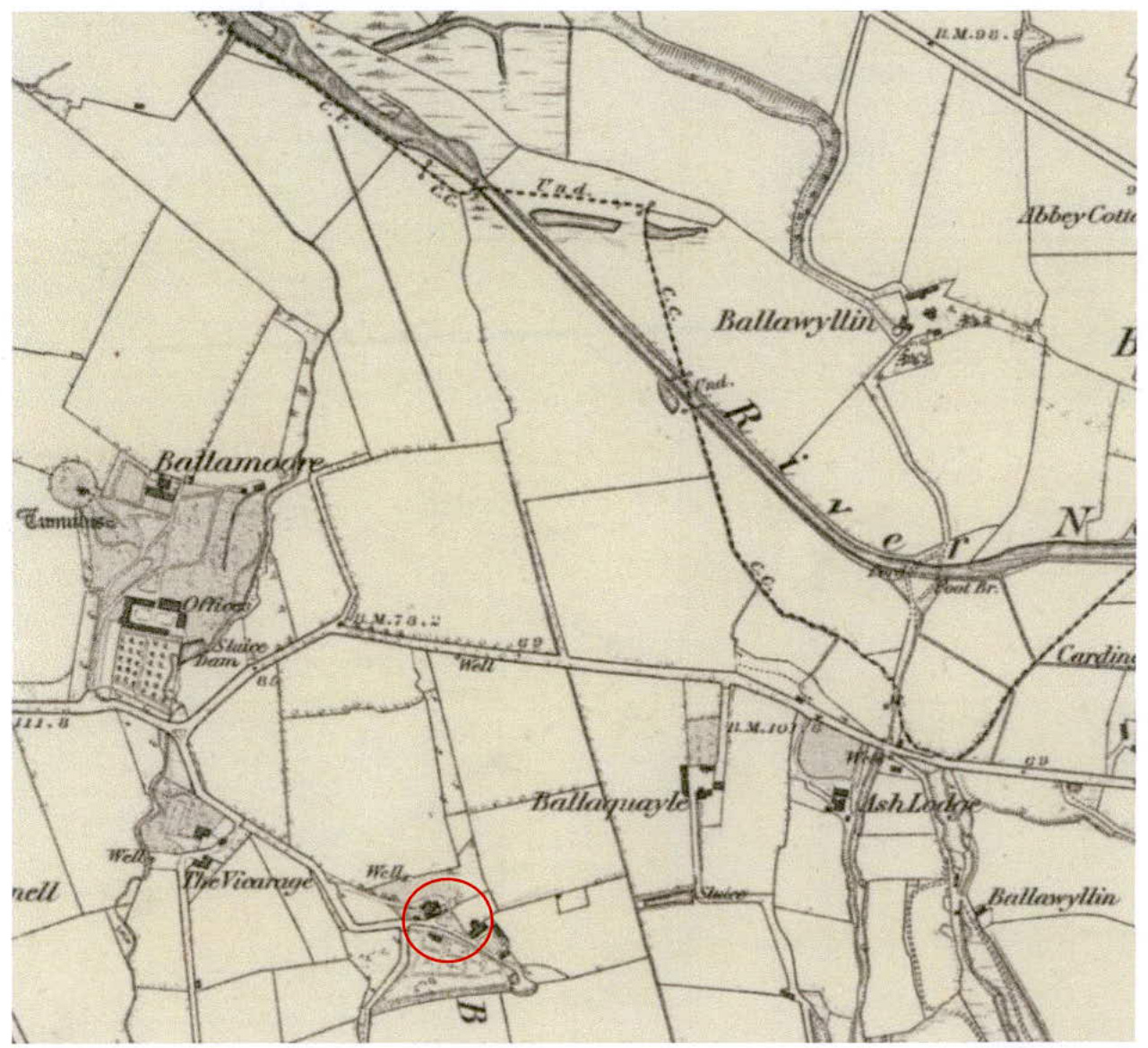 A vintage historical map showing the Ballaquayle area with a red circle highlighting a specific plot of land near a road.