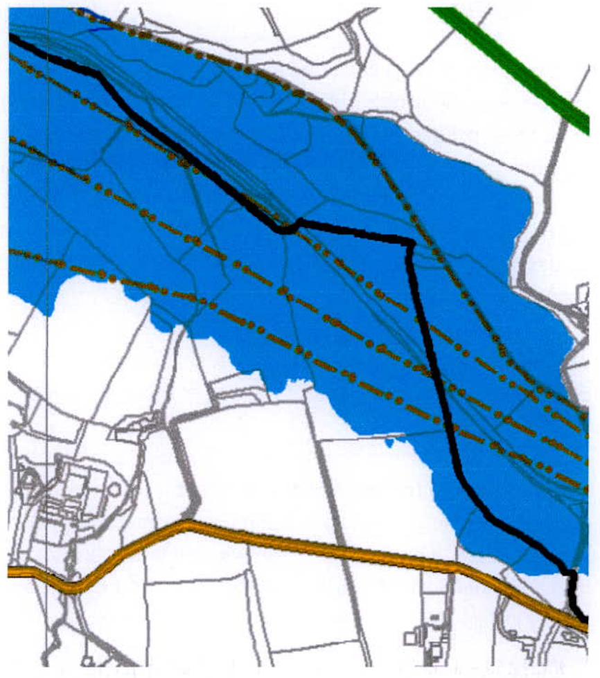 A site plan map featuring a large blue shaded area, likely representing water or a specific zone, overlaid on a base map with roads and field boundaries.