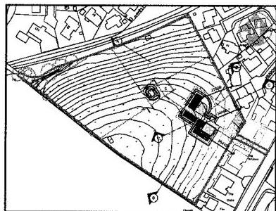 A black and white site plan showing topographical contour lines, building footprints, and surrounding property boundaries.