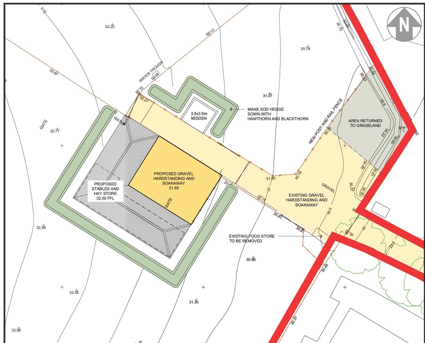 This image shows a detailed site plan for a planning appeal, illustrating the layout for proposed stables, a hay store, and gravel hardstanding areas alongside existing features.