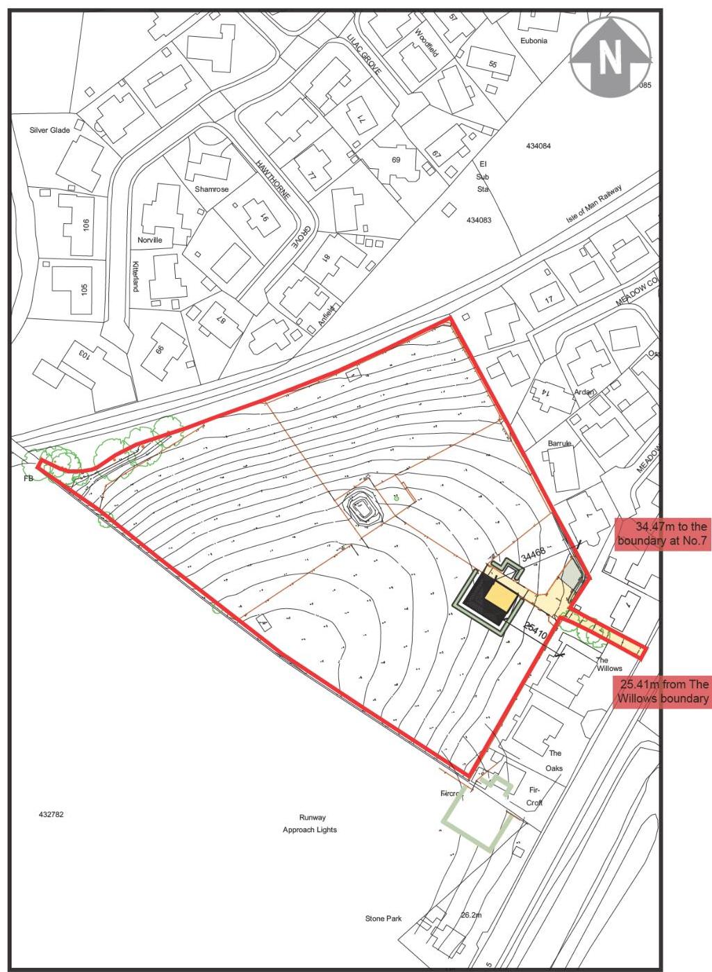 A site plan showing the proposed location of agricultural buildings and hardstanding within a red boundary line on a sloping site.