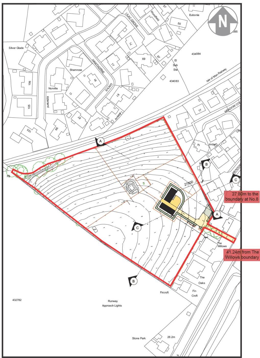 A technical site plan showing the proposed agricultural buildings and hardstanding within a rural plot, including contour lines and boundary measurements.