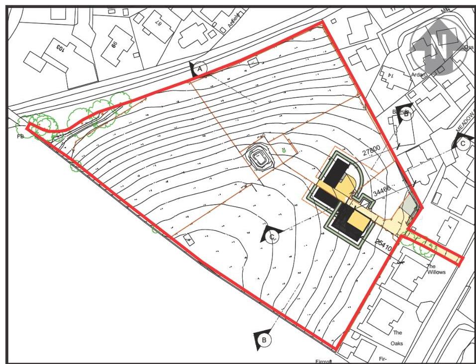 A topographical site plan displaying a red property boundary, contour lines indicating slope, and proposed building footprints alongside existing neighboring properties.
