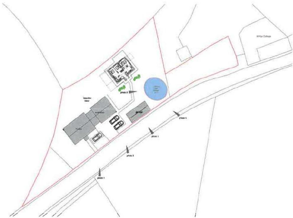 A site plan illustrating the property layout with building footprints, a proposed pond, and markers indicating photo locations along the roadside.