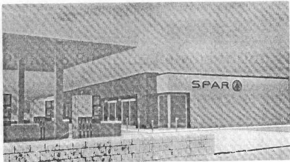 A grainy black and white architectural perspective drawing of a commercial building with a prominent 'SPAR' sign and canopy.