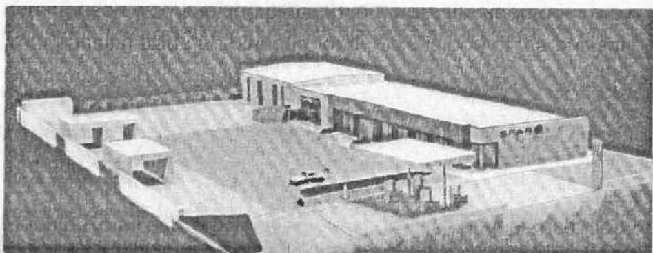 A grainy black and white architectural perspective sketch showing a proposed agricultural building complex with stables and a paved hardstanding area.