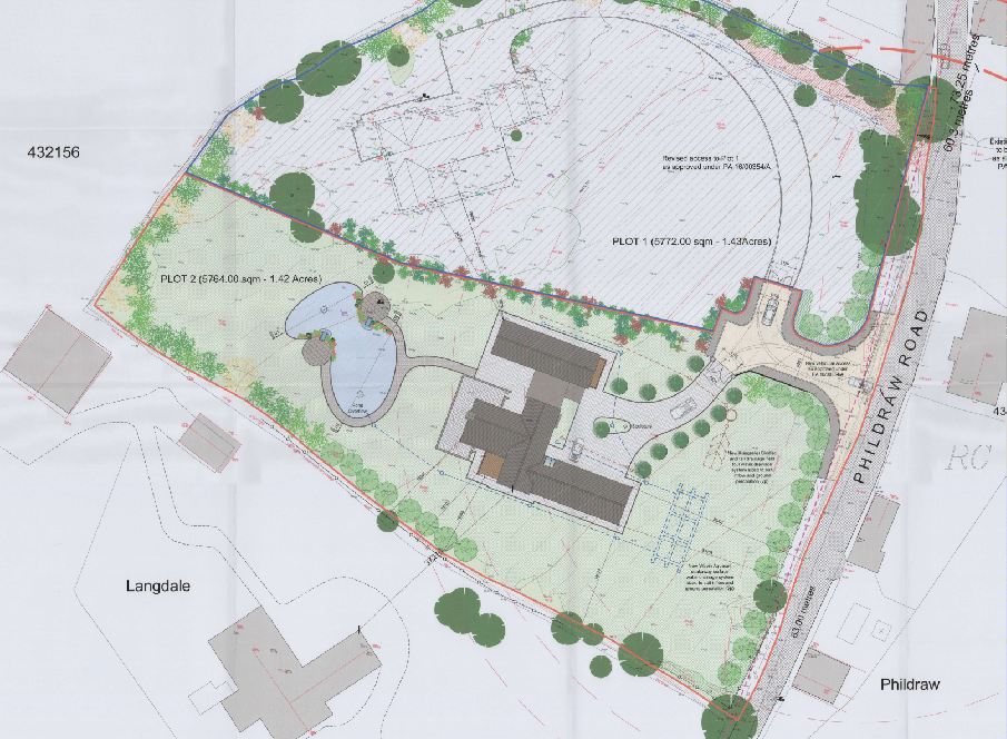 This image displays a site plan for a planning application, showing the layout of a proposed new dwelling, vehicular access from Phildraw Road, and landscaping features including a pond.