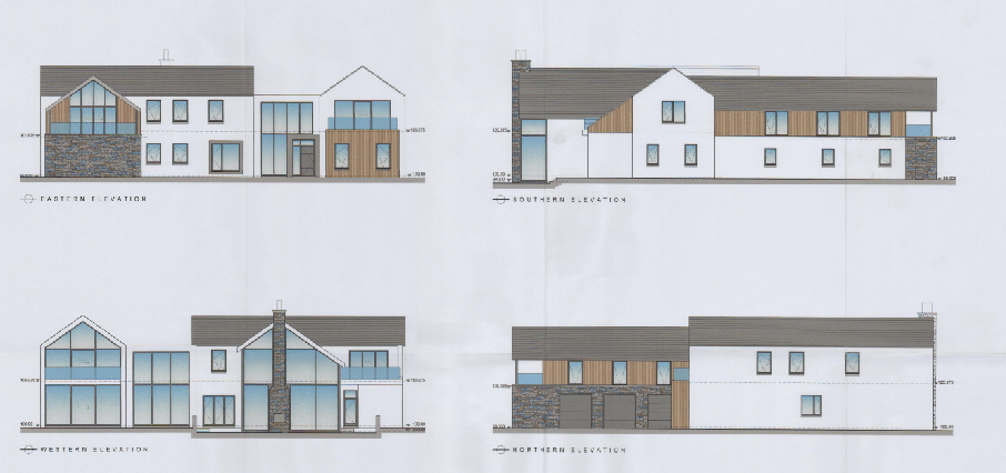 This image displays four architectural elevation drawings showing the Eastern, Southern, Western, and Northern views of a proposed modern dwelling.