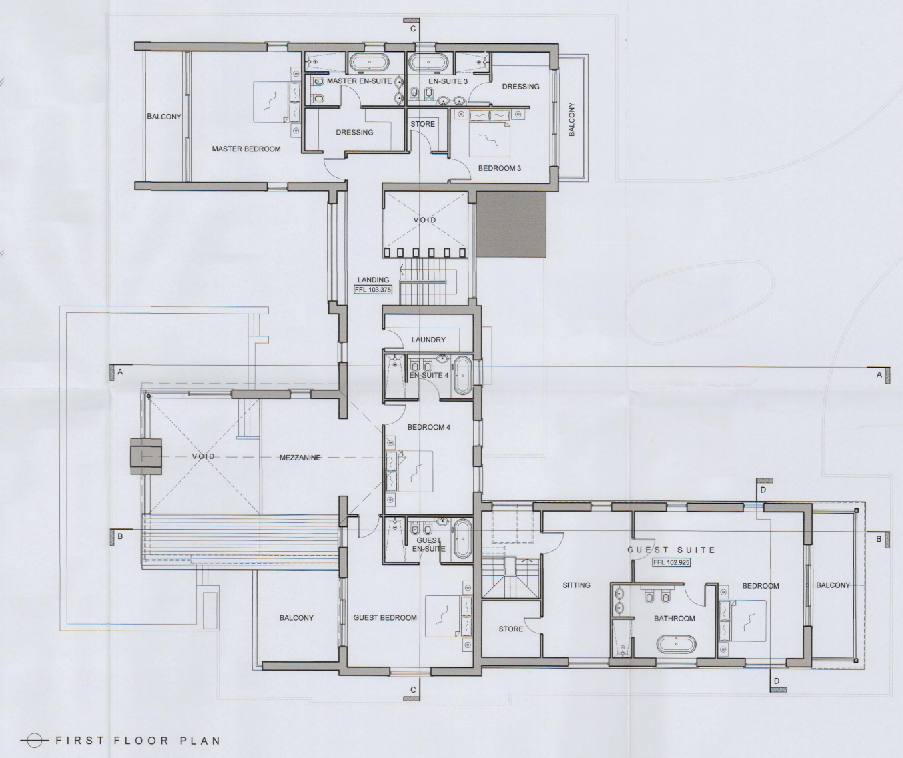 Architectural first-floor plan showing the layout of a new two-storey dwelling with multiple bedrooms, bathrooms, and a guest suite.