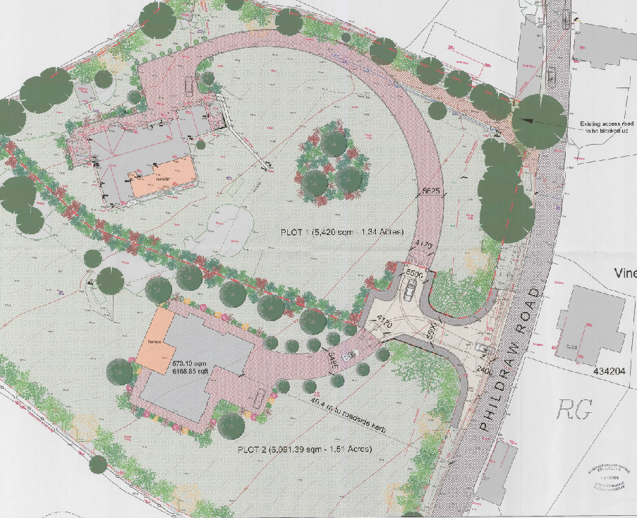 This image displays a detailed site plan for a planning application, showing two plots of land with proposed new dwellings, landscaping, and vehicular access from Phildraw Road.