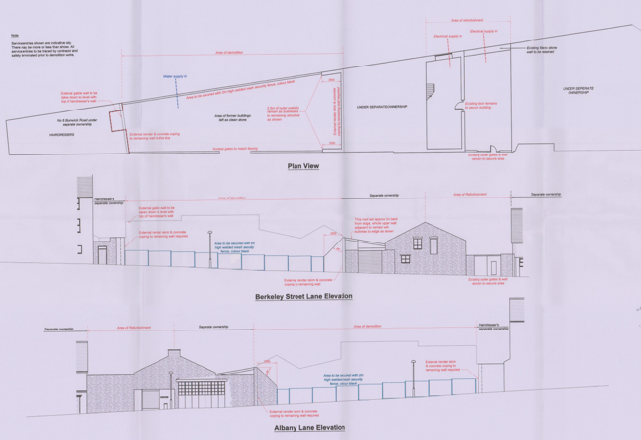 Architectural drawing displaying a plan view and elevations of a property at a street junction with boundary and fence details.