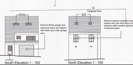 Architectural elevations showing the South and North facades of a residential property with annotations for replacing a garage door and windows.