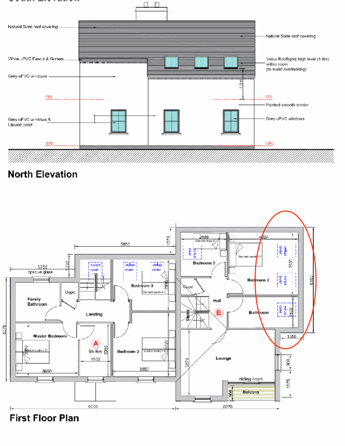 The image displays architectural drawings for a residential development, featuring a South Elevation view at the top and a detailed First Floor Plan at the bottom showing room layouts and dimensions.