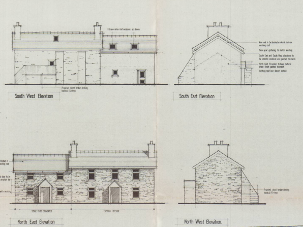 The image displays four architectural elevation drawings (South West, South East, North East, North West) illustrating the proposed stone semi-detached dwellings.