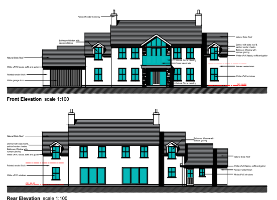 This image displays architectural front and rear elevation drawings of a proposed residential property, featuring detailed annotations for materials and window types.