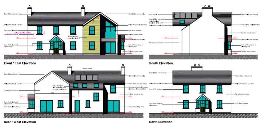 Architectural elevation drawings displaying the front, rear, and side views of a proposed two-story residential property with detailed material annotations.