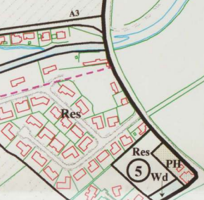 A site location map displaying the proposed development plot outlined in black, situated near the A3 road and existing residential properties.