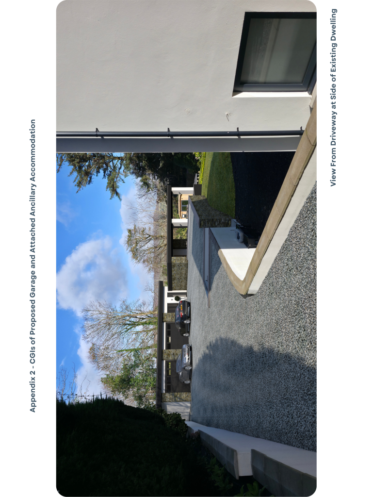 A computer-generated image (CGI) showing a perspective view of a proposed modern garage and ancillary accommodation with a gravel driveway and parked cars.