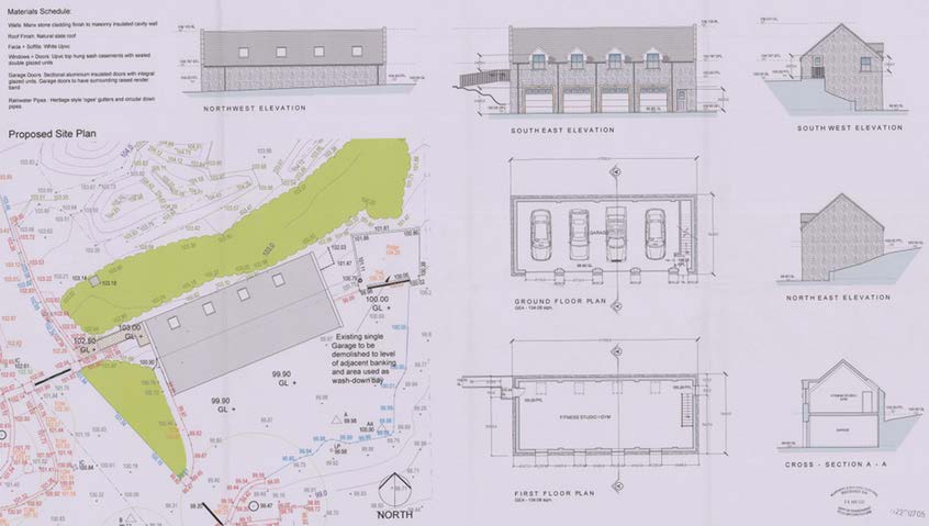 This image displays a sheet of architectural drawings including elevations, floor plans, and a site plan for a proposed garage and fitness studio. The ground floor plan depicts four parking spaces, while the first flo...