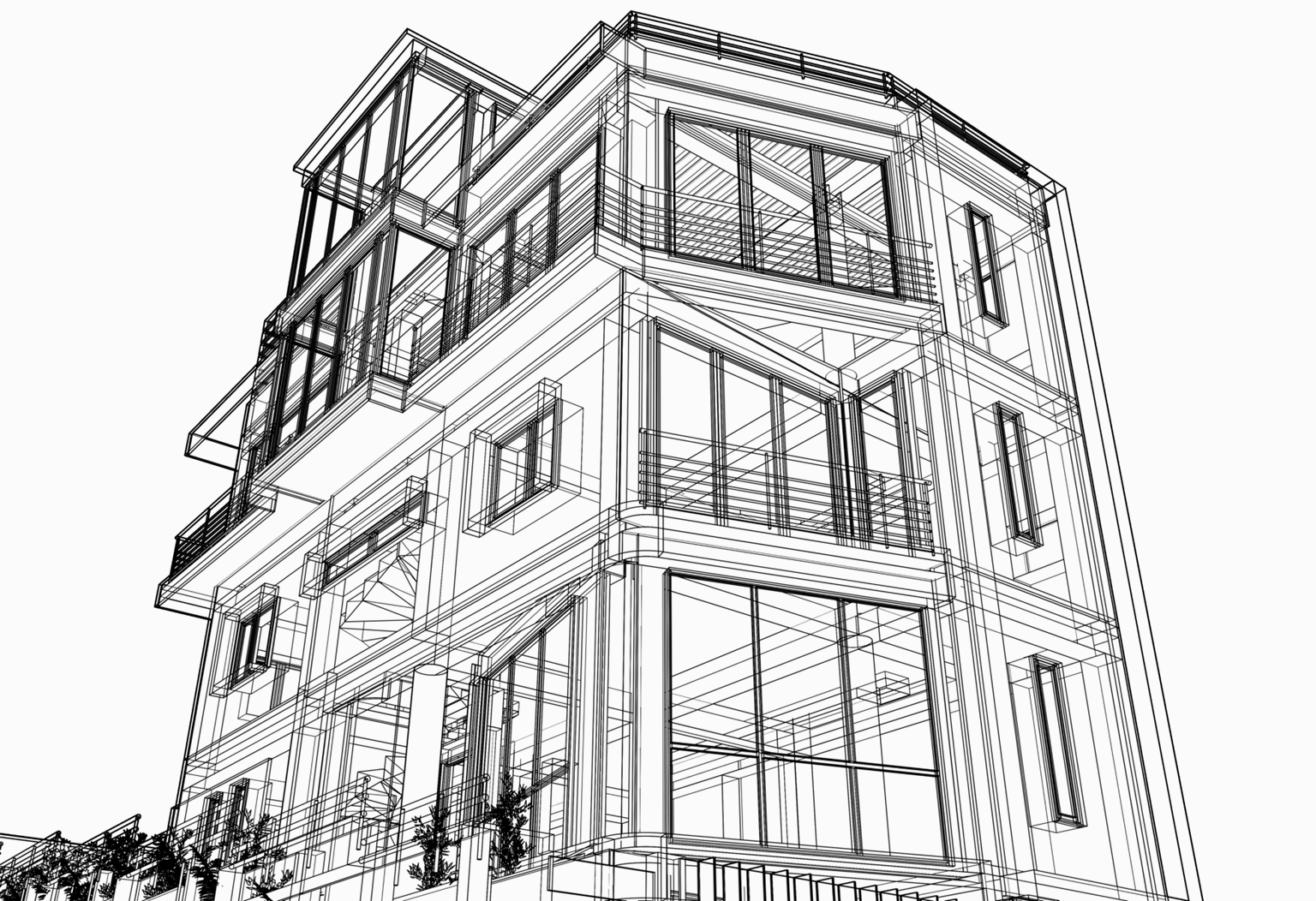 A black and white architectural line drawing showing a multi-story modern building with balconies and large windows.