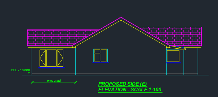 The image displays a technical architectural elevation drawing labeled 'Proposed Side (E) Elevation' showing a single-storey extension attached to a main building.