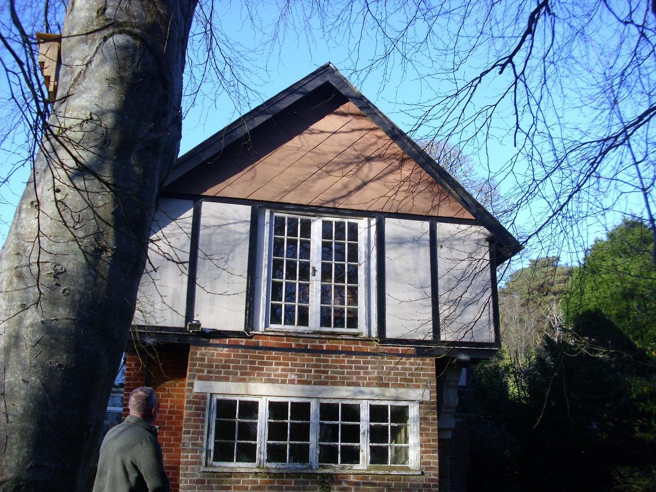 A low-angle photograph of a two-story building featuring a brick ground floor and a white timber-framed first floor, with a large tree trunk in the foreground.