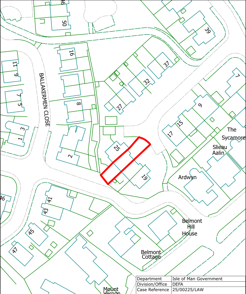 A site plan map showing the location of property 25 on Ballakermen Close, with the specific plot boundary highlighted in red.