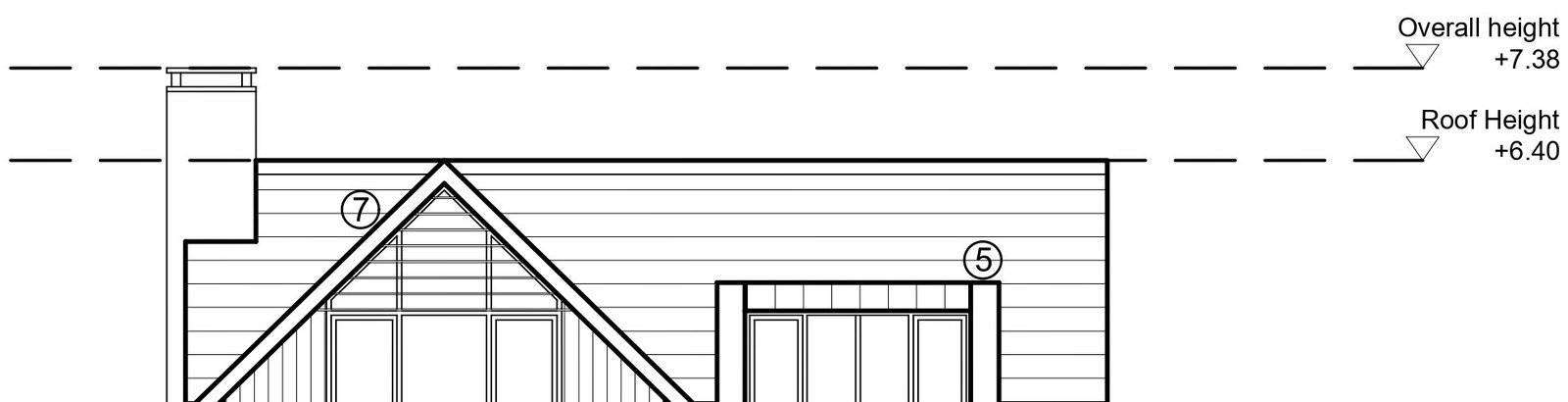 An architectural elevation drawing showing the side or front of a building with height annotations, a chimney, and window details.