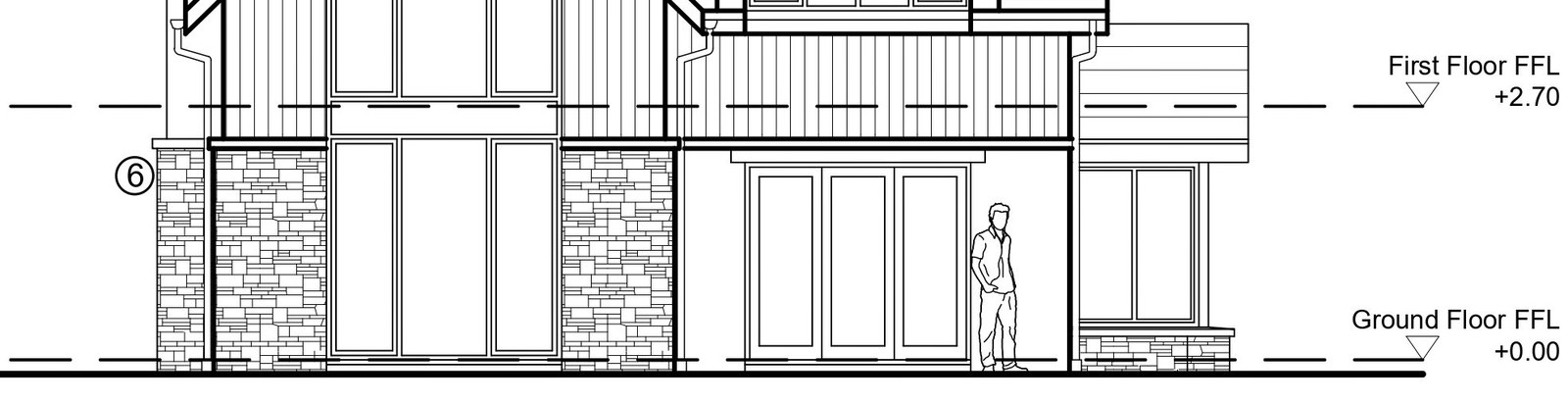 Architectural elevation drawing showing the facade of a new dwelling with stone cladding, windows, and a human figure for scale.