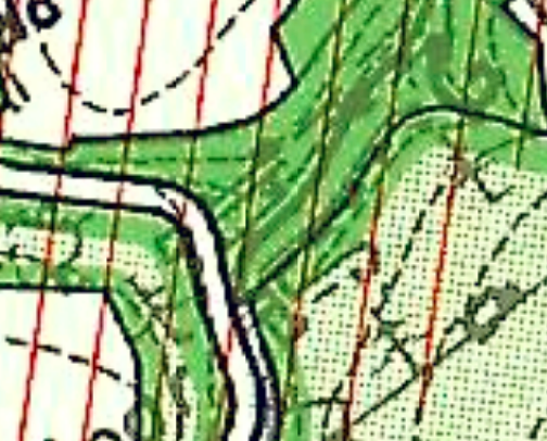 Close-up of a site plan map showing green fields, red boundary lines, and black outlines of paths or structures.