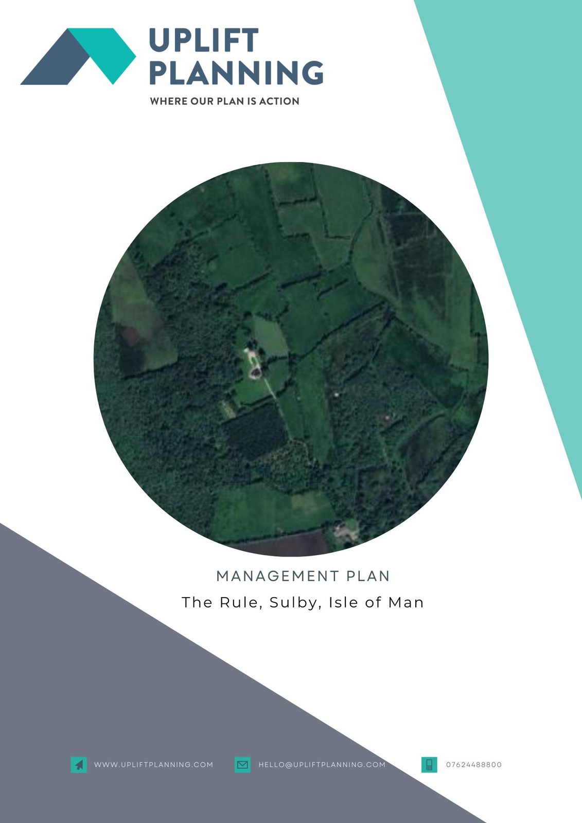 A document cover page for a 'Management Plan' by Uplift Planning, featuring a circular aerial view of a rural property in Sulby, Isle of Man.