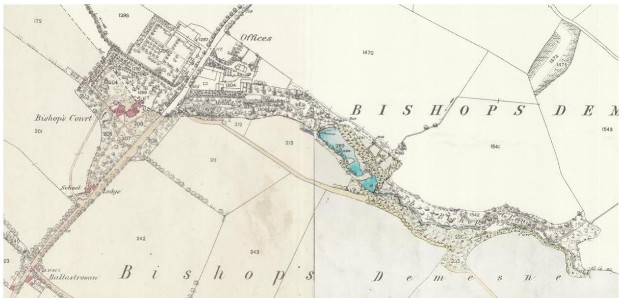 A historical map showing the Bishop's Court estate with field boundaries, building labels, and water features.