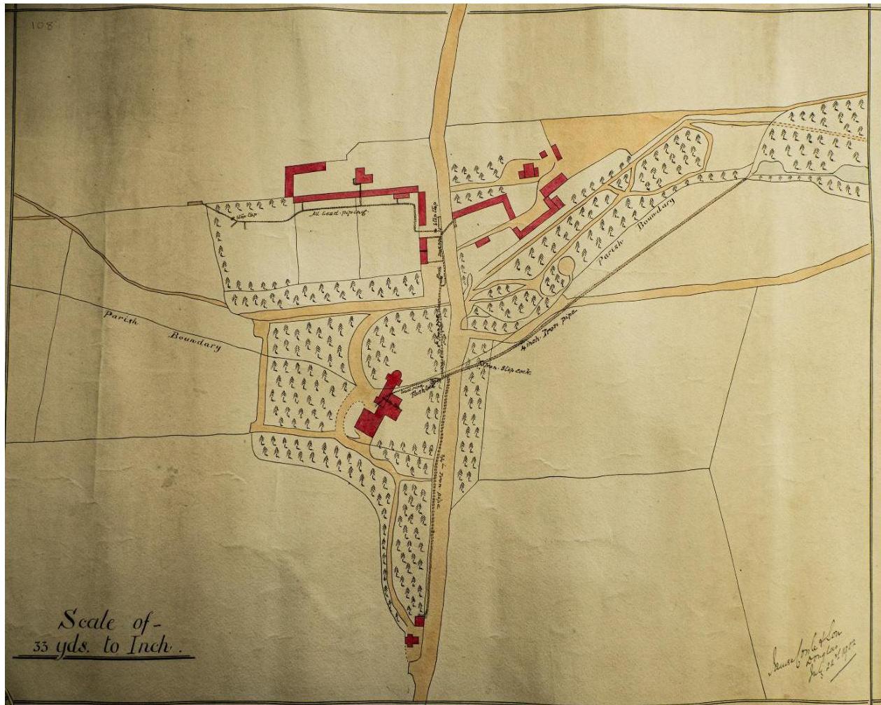 A vintage hand-drawn survey map showing property boundaries, buildings in red, trees, and land parcels with a scale of 33 yards to the inch.