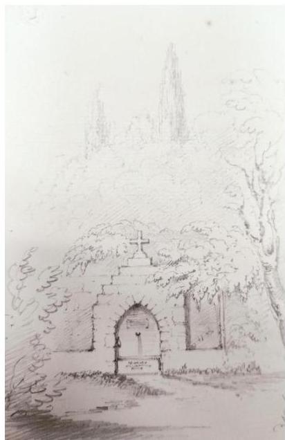 A pencil sketch depicting a small stone chapel or mausoleum with an arched doorway and cross, surrounded by trees.