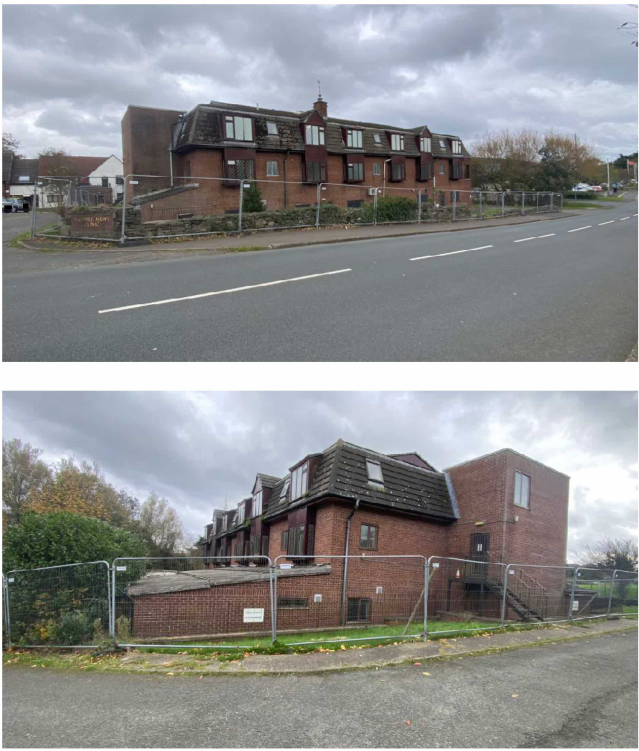 Two exterior photographs showing a large red brick building with a pitched roof and dormer windows, surrounded by temporary fencing along a roadside.