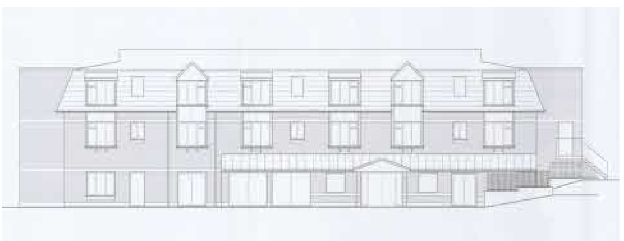 Architectural elevation drawing showing a proposed terraced residential development with a pitched roof and dormer windows.