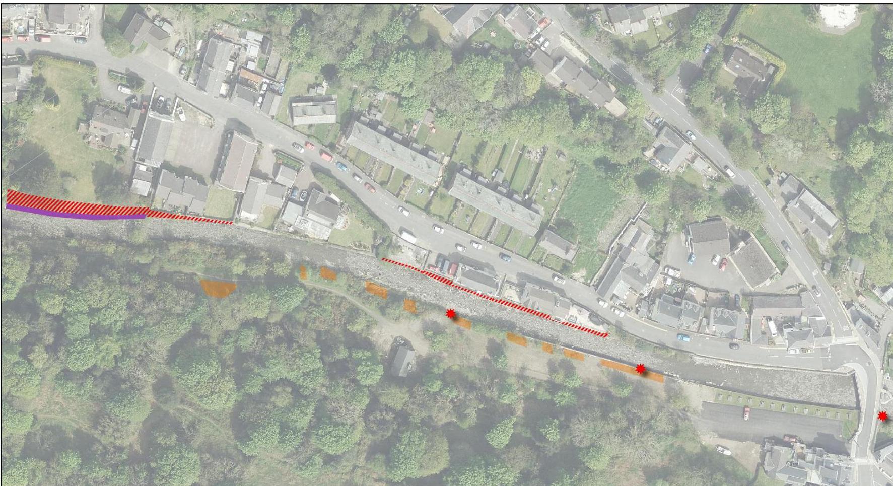 An aerial site plan showing Glen Road with colored overlays indicating habitat mitigation zones along a stone wall and adjacent woodland area.