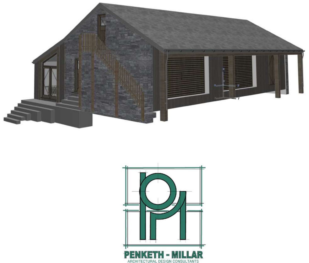 A 3D architectural rendering of a proposed two-storey building with stone and timber cladding, featuring an external staircase and garage doors, accompanied by the architect's logo.