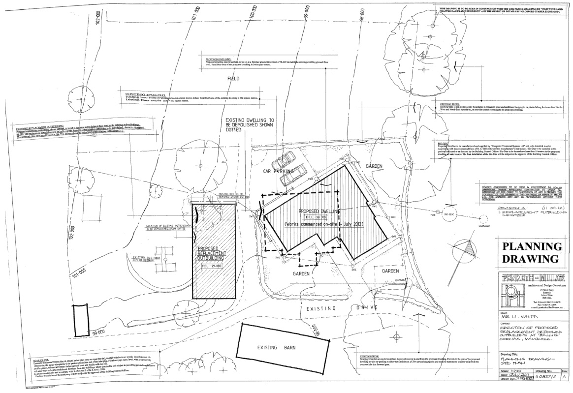 A black and white planning site plan depicting a rural property layout with a proposed new dwelling, a replacement outbuilding, and an existing dwelling marked for demolition.