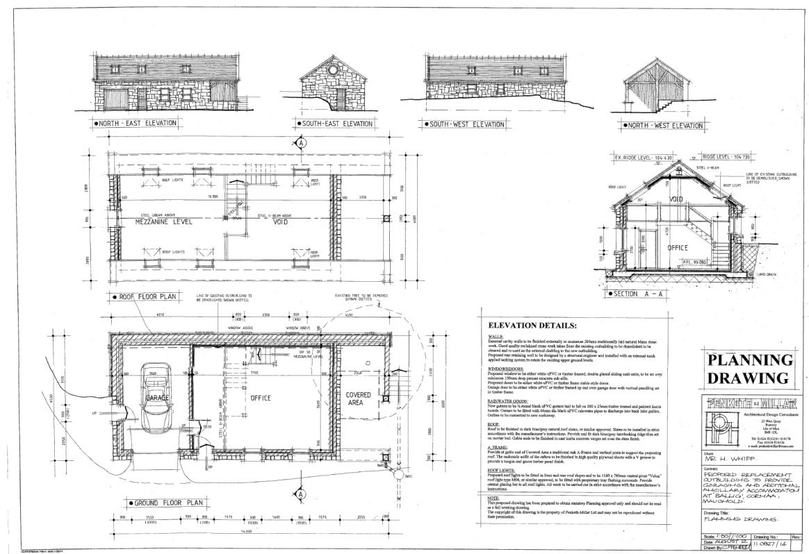 Architectural drawing showing elevations, floor plans, and sections for a proposed barn replacement with garage and office space.