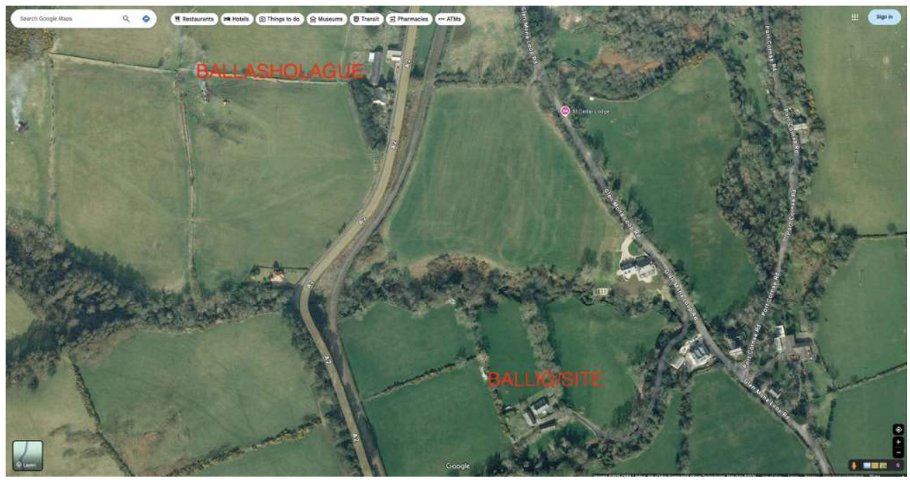 Aerial screenshot from Google Maps showing a rural landscape with red text labels identifying the site location near Ballasholague.