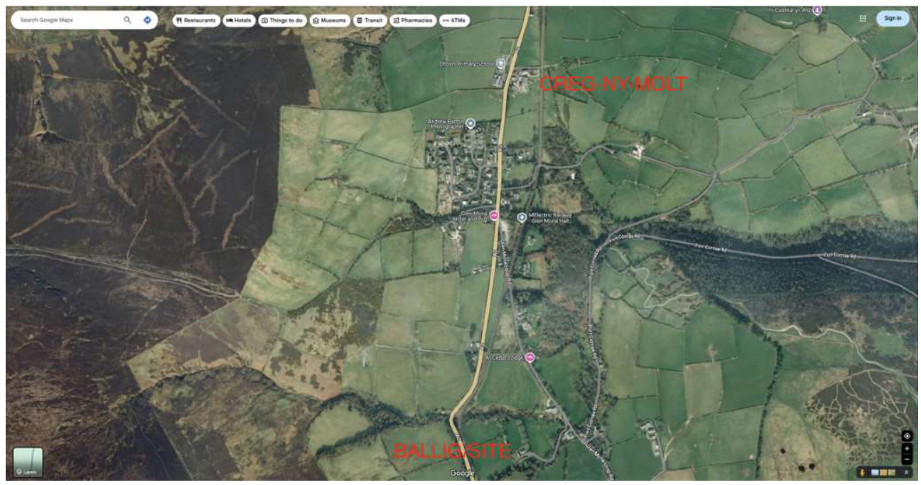 A Google Maps aerial screenshot displaying the rural site location and surrounding agricultural fields.