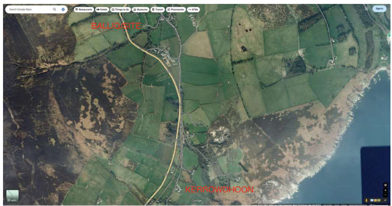 Satellite map view showing the site location in a rural coastal area with field boundaries and roads.