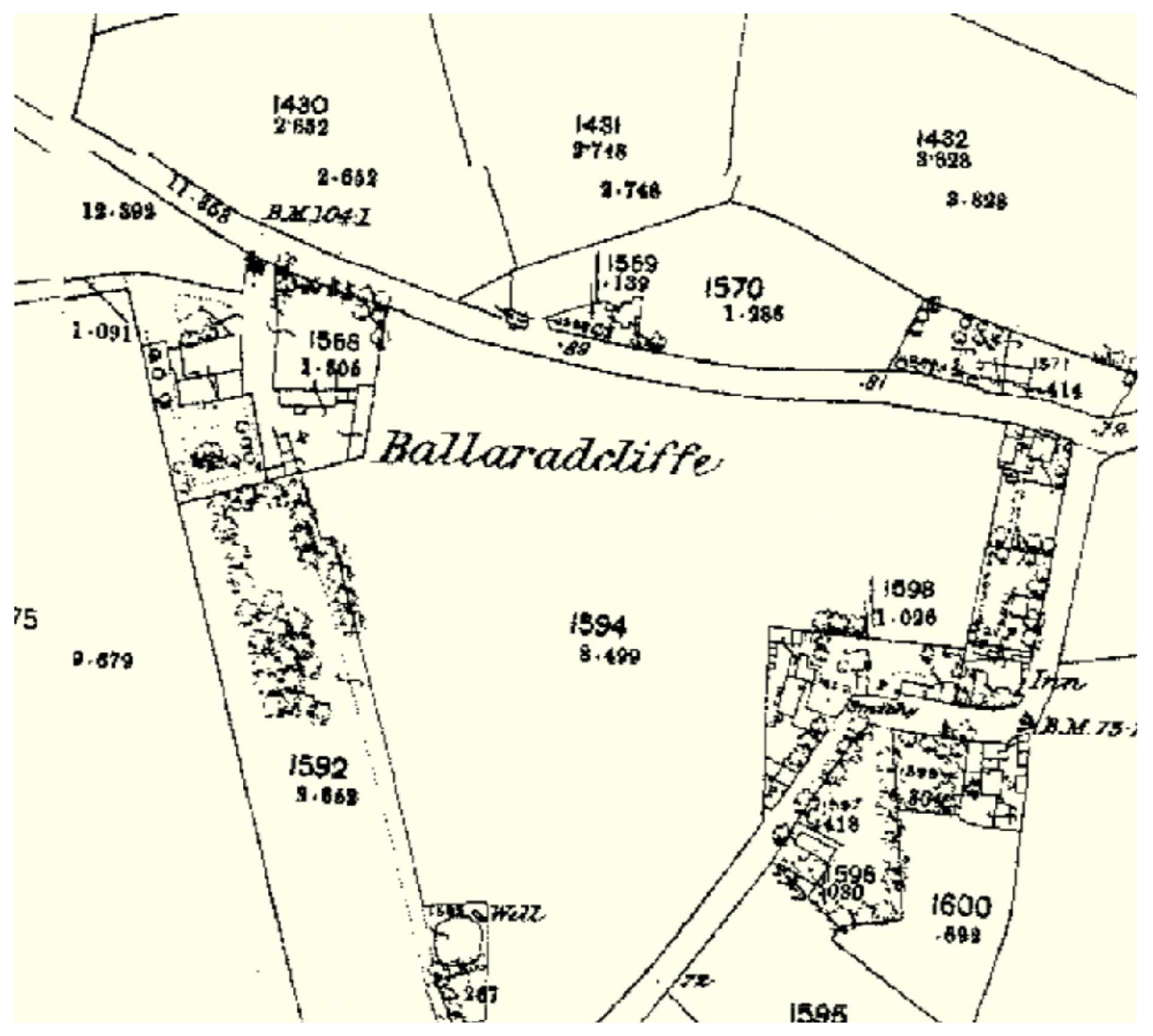 This image displays a historical topographical map or site plan centered on the location 'Ballaradcliffe', showing property boundaries, plot numbers, and surrounding structures.